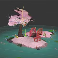 Enchanting Pink Island With Cherry Blossom Tree Red Bridge Bench And Lily Pads