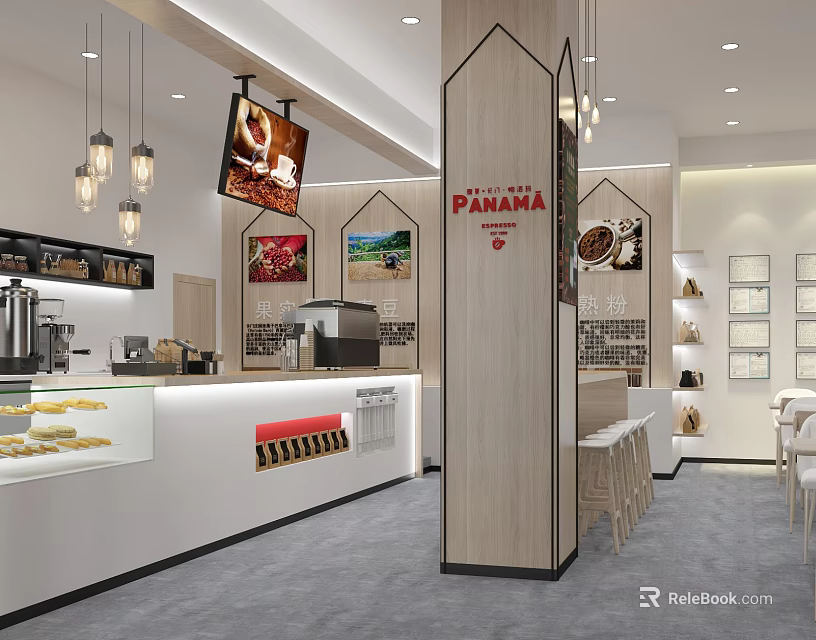 Panama Cafe Modern Interior With Hanging Chandeliers Pastry Display Cases And Bar Counter 3d model 