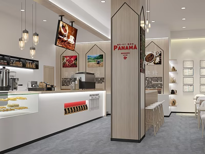 Panama Cafe Modern Interior With Hanging Chandeliers Pastry Display Cases And Bar Counter 3d model
