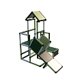 Children's Play Area With Slide Tower And Metal Frame Structure