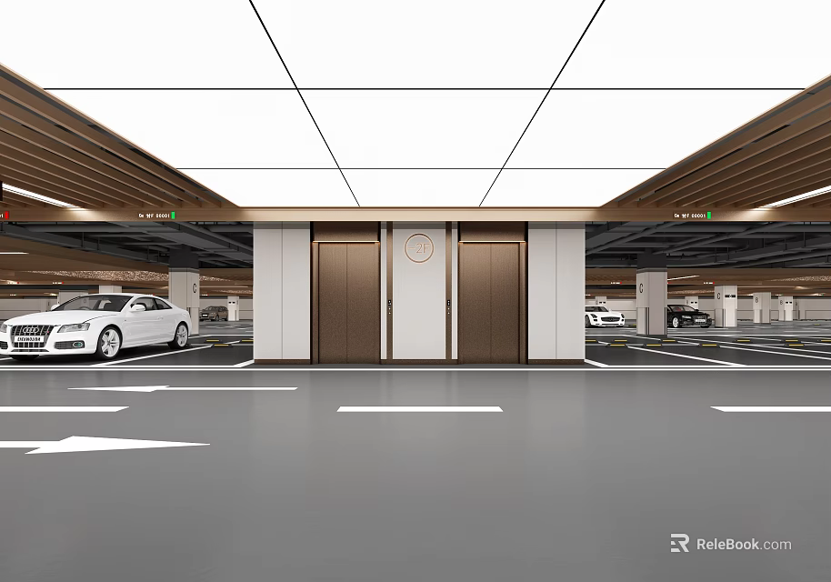 Elegant Modern Elevator Corridor Design In Spacious Bright Luxury Underground Public Parking Lot 3d model 