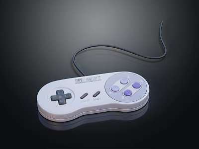 Retro Wired Game Controller With White Design And Purple Buttons For Entertainment Electronics 3d model