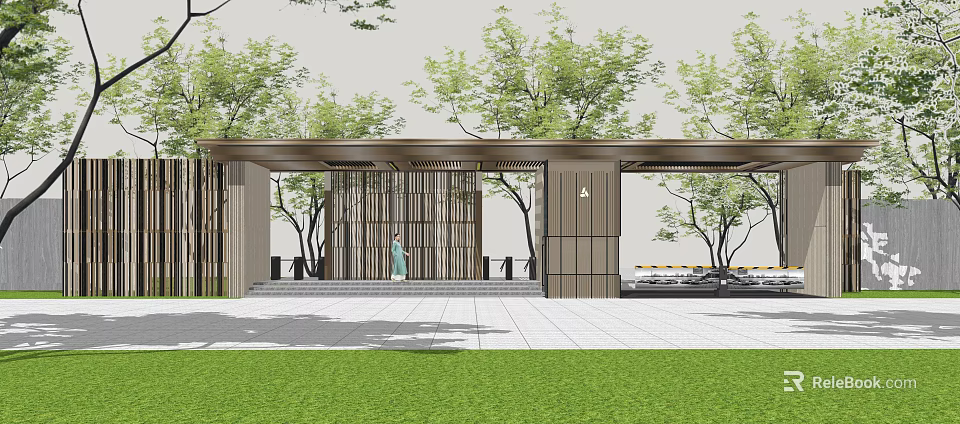 Modern Chinese Style Gate With Wooden Grille Green Trees And Grass Lawn Area 3d model 