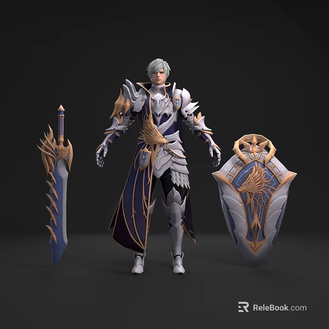 Silver Haired Elven Warrior Character With Ornate Armour Sword And Shield 3d model 