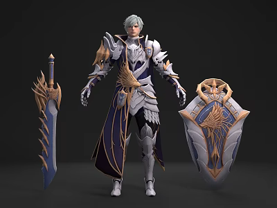 Silver Haired Elven Warrior Character With Ornate Armour Sword And Shield 3d model