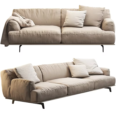 Modern Beige Fabric Two Seater Sofa With Soft Pillows Throw Blanket And Metal Legs 3d model