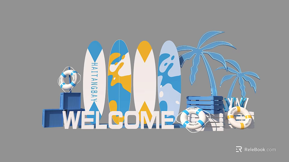 Beach Themed Art Installation With Surfboards Life Rings Palm Trees And Welcome Sign 3d model 