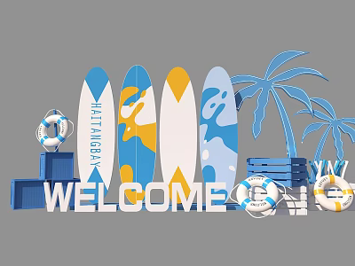Beach Themed Art Installation With Surfboards Life Rings Palm Trees And Welcome Sign 3d model