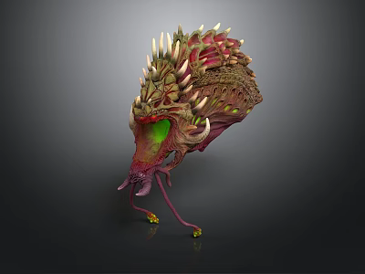 Fantasy Creature Head With Spikes Green Eyes Red Pink Body Tentacles And Yellow Details 3d model