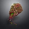 Fantasy Creature Head With Spikes Green Eyes Red Pink Body Tentacles And Yellow Details