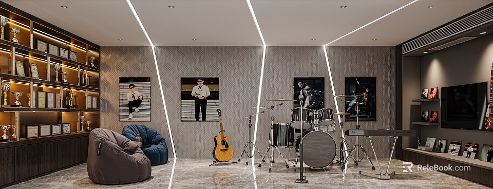 Modern Music Room Interior With Guitar Drum Set Decorative Paintings And Bean Bag Sofas 3d model 