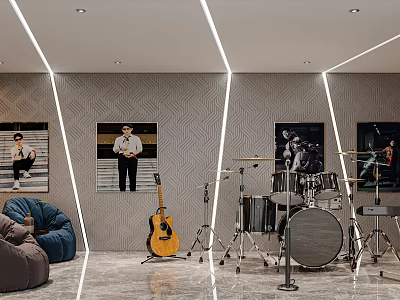 Modern Music Room Interior With Guitar Drum Set Decorative Paintings And Bean Bag Sofas 3d model