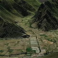 Scenic Rural Valley Landscape With Mountain Ranges Farmlands Village And River