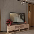Wooden TV Stand With TV Flowers Decorative Items Modern Lighting And Textured Living Room Wall