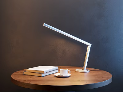 Modern Flexible Arm Desk Lamp on Wooden Round Table with Books and Coffee Cup 3d model