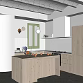 Modern Kitchen Interior Design With Wooden Island Cabinets White Tiled Walls And Green Window