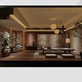 Traditional Japanese Restaurant Interior With Wooden Floors Hanging Pendant Lights And Green Plants