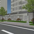 Commercial Street Storefront With Glass Doors Stone Facade Awning Logo Sign And Green Plants