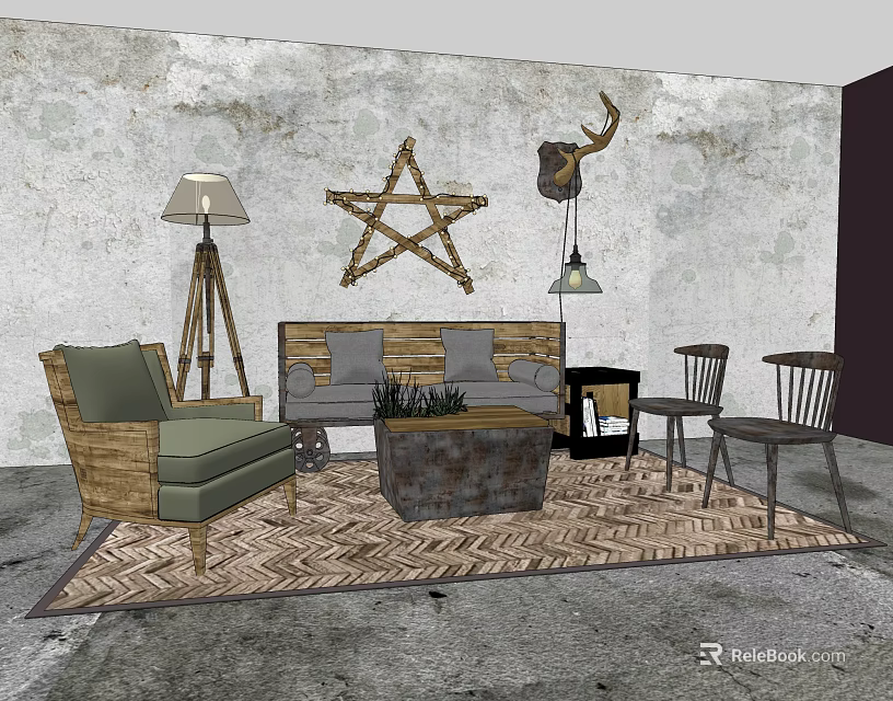 Vintage Sofa Coffee Table Set with Floor Lamp Deer Head Decor and Star Decoration 3d model 
