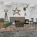 Vintage Sofa Coffee Table Set with Floor Lamp Deer Head Decor and Star Decoration