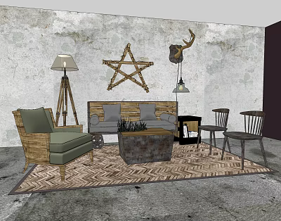 Vintage Sofa Coffee Table Set with Floor Lamp Deer Head Decor and Star Decoration 3d model