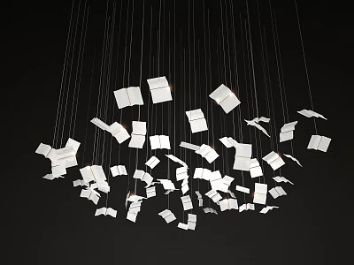 Creative Chandelier With White Book Page Shaped Elements Hanging On Thin Wires Against Black Background 3d model