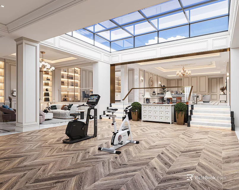 Luxurious Entertainment Room With Fitness Equipment And Skylight 3d model 