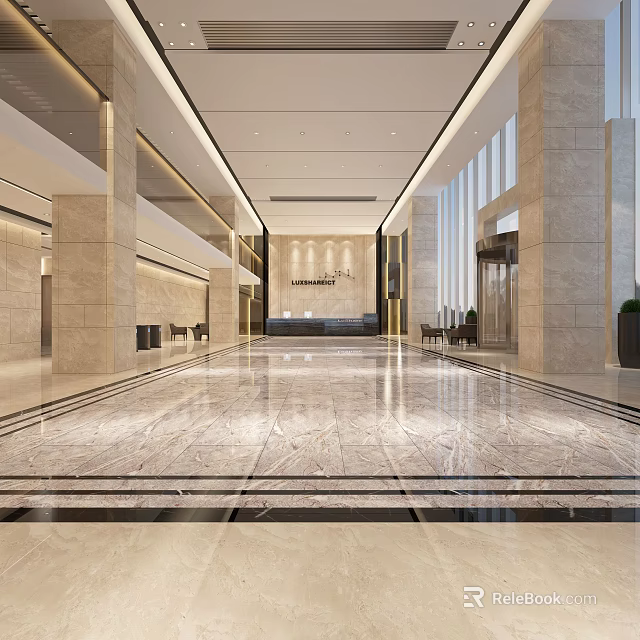 Modern Hotel Lobby Front Desk Reception Area With Spacious Marble Floor And Columns 3d model 