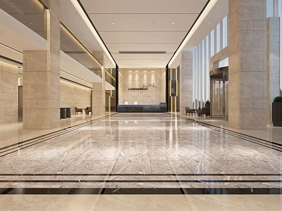 Modern Hotel Lobby Front Desk Reception Area With Spacious Marble Floor And Columns 3d model