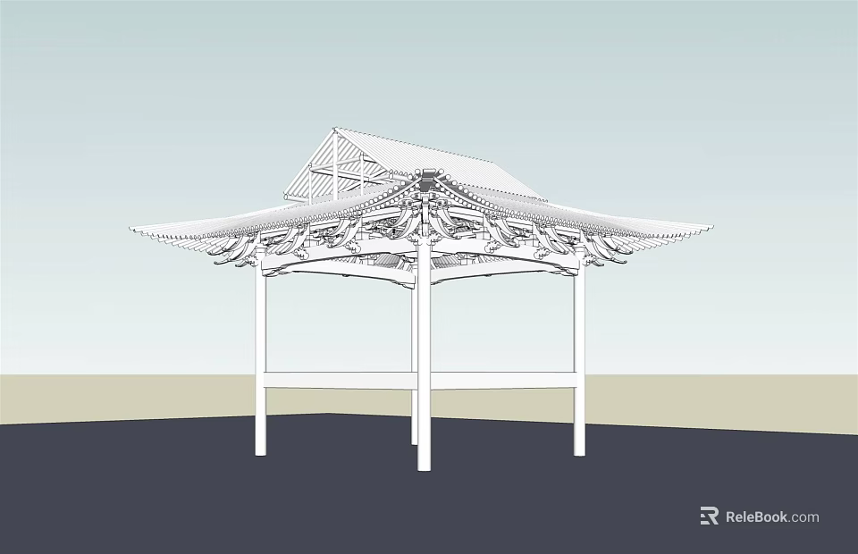 Ancient Architectural Pavilion With Traditional Roof And Intricate Carvings Supported By Wooden Pillars 3d model 