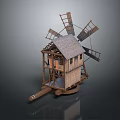Detailed Wooden Windmill Model With Classic Roof And Rotating Blades Structure