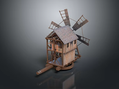 Detailed Wooden Windmill Model With Classic Roof And Rotating Blades Structure 3d model