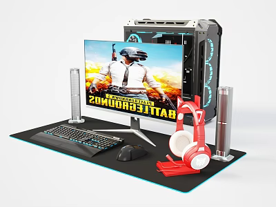 Gaming Computer Setup With Monitor Keyboard Mouse Headphones And Gaming Screen 3d model