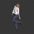 Blonde Woman In White Top Blue Jeans Lifting One Leg Against Gray Black Gradient Background