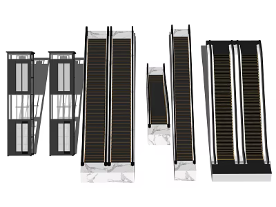 Modern Escalators And Elevator Doors Design With Glass Panels Black Frames And Marble Bases 3d model