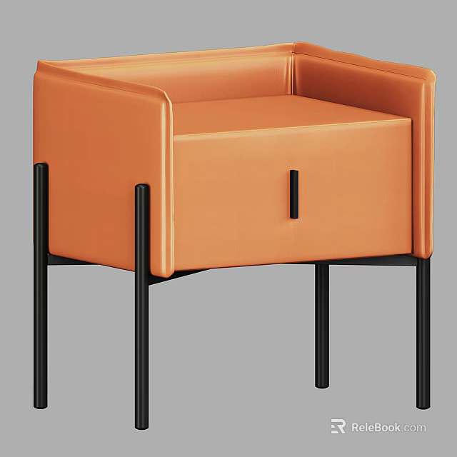Modern Orange Leather Bedside Table With Drawer And Black Metal Legs 3d model 