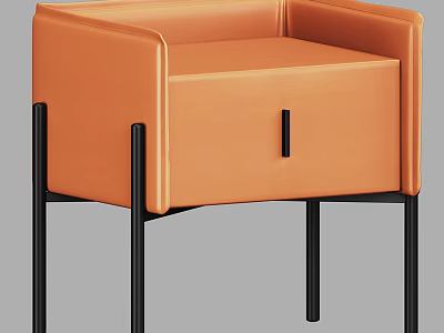Modern Orange Leather Bedside Table With Drawer And Black Metal Legs 3d model