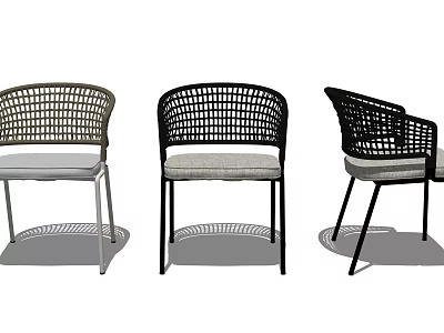 Three Modern Leisure Chairs with Wicker Backrest Gray Cushions on Various Colored Metal Frames 3d model