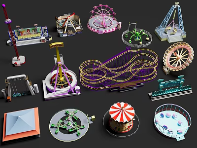 Amusement Park Equipment With Ferris Wheel Roller Coaster Carousel Swing And Teacup Rides 3d model