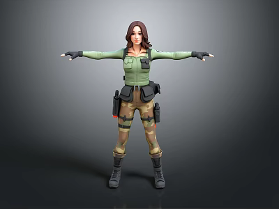 Woman In Green Top Brown Tactical Pants With Tactical Gear And Arms Outstretched 3d model