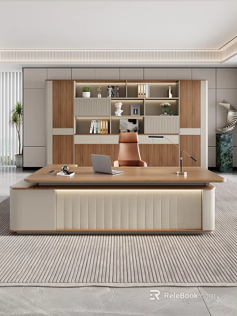 Modern Office Desk Interior With Laptop Desk Lamp Bookshelf Potted Plant And Chair 3d model 