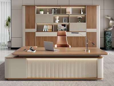 Modern Office Desk Interior With Laptop Desk Lamp Bookshelf Potted Plant And Chair 3d model
