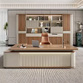 Modern Office Desk Interior With Laptop Desk Lamp Bookshelf Potted Plant And Chair