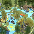 Vibrant Children's Playground With Adults Kids Colorful Ground Slides Netting And Trees