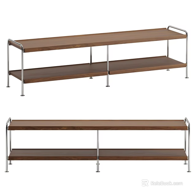 Modern Minimalist Walnut Dining Table With Dual Layer Storage Shelf And Sleek Stainless Steel Legs 3d model 
