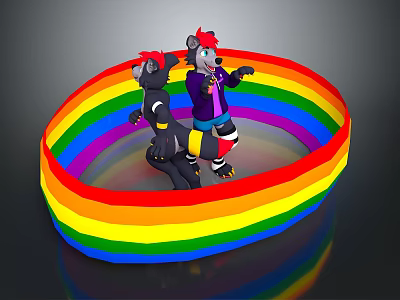 Two Black Game And Movie Characters With Red Hats Purple Coats In Rainbow Circular Ring 3d model