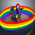 Two Black Game And Movie Characters With Red Hats Purple Coats In Rainbow Circular Ring