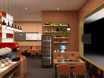 Modern Hot Pot Restaurant Interior With Wooden Decor Plants Dining Tables And Seating 3d model