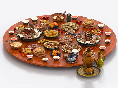 Assorted Foods On Round Wooden Tray With Meats Fruits Bread Vegetables Teapot And Oil Pot 3d model