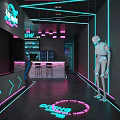 Modern Storefront Counter With LIFE NOW Neon Sign Purple Lighting And Bookshelves